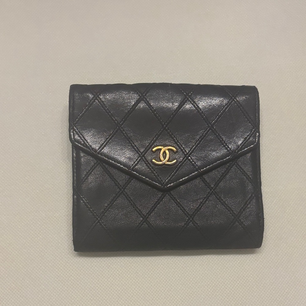 Vintage Chanel Black Quilted Wallet with Gold Logo